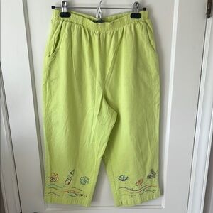 Lime Green Embroidered pull on cropped cotton pants novelty grandma chic beach…
